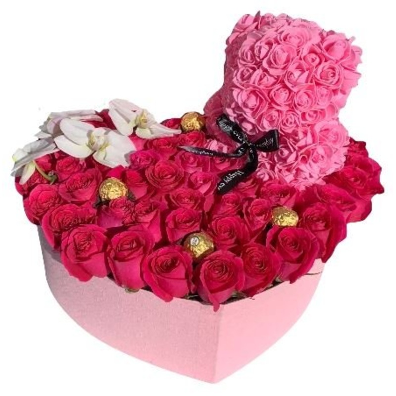 Sweet Box of Roses with Phalaenopsis and Foam Teddy