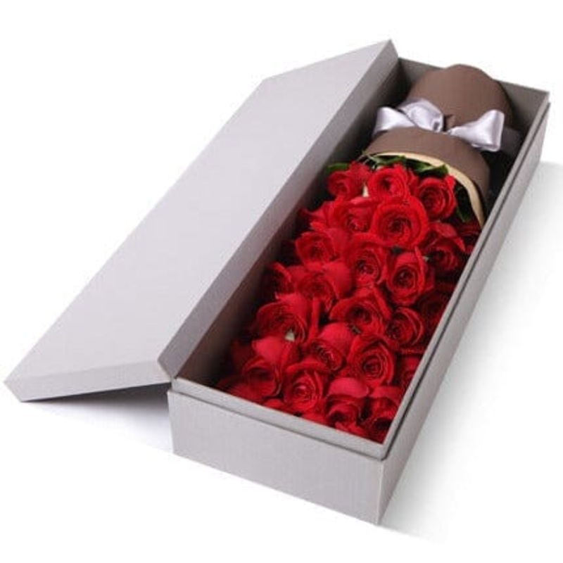 Thirty Luxury Roses Box-Red & Red Blush & Pink & White & Lavender & Yellow & Peach & Cerise & Orange & Blue & Black & Rainbow-GRAY & GOLD & RED & CREAM