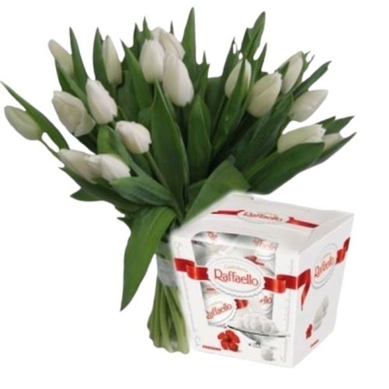 Tulips Bouquet with Chocolate-White & Pink & Red & Purple & Yellow & Orange-Lindt Lindor Assorted Chocolate Truffles Box 200g & Ferrero Rocher Milk Chocolate Pralines Gift Box 16 Pieces 200g & Raffaello Coconut & Almond Pralines Gift Box 230g & Lindt Lind