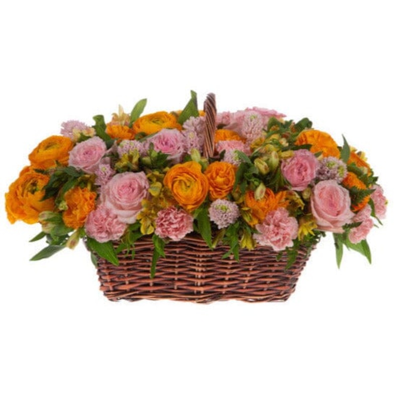 Basket of Orange Ranunculus in Pink