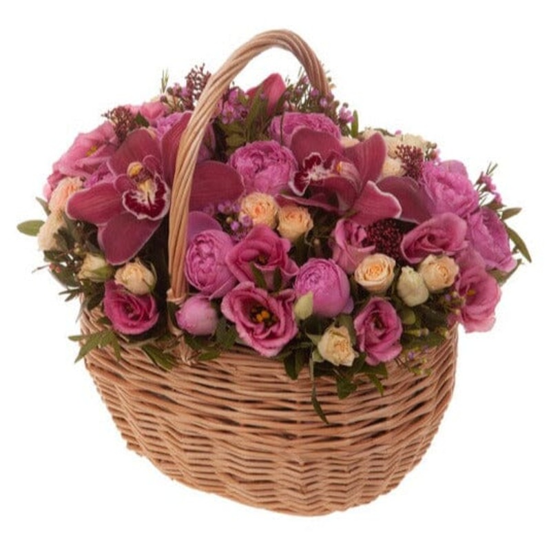 Basket of Spray Roses with Cymbidium Orchids