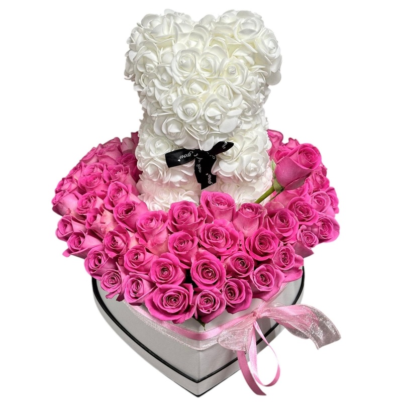 Box of Roses and Rose Teddy-Regular (40 stems) & Large (50 stems) & Luxury (60 stems) & Glamour (70 stems) & Exclusive Glamour (80 stems) & Posh (100 stems) & Premium (150 stems)-Pink Roses & White Roses & Lavender Roses-White Teddy & Red Teddy & Black Te
