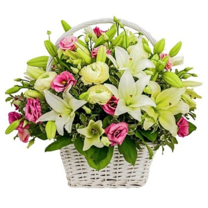 Charming White Lily with Lisianthus Basket