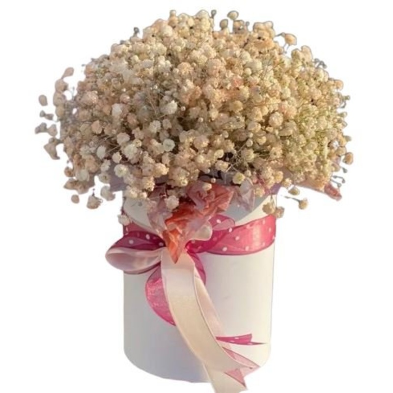 Cute Peach Gypsophila Box-Extra Small (10 stems) & Small (15 stems) & Medium (20 stems) & Regular (25 stems) & Large (30 stems) & Extra Large (40 stems) & Luxury 60 stems) & Glamour (80 stems) & Exclusive Glamour (100 stems)-Hat Box & Heart Box & Square B