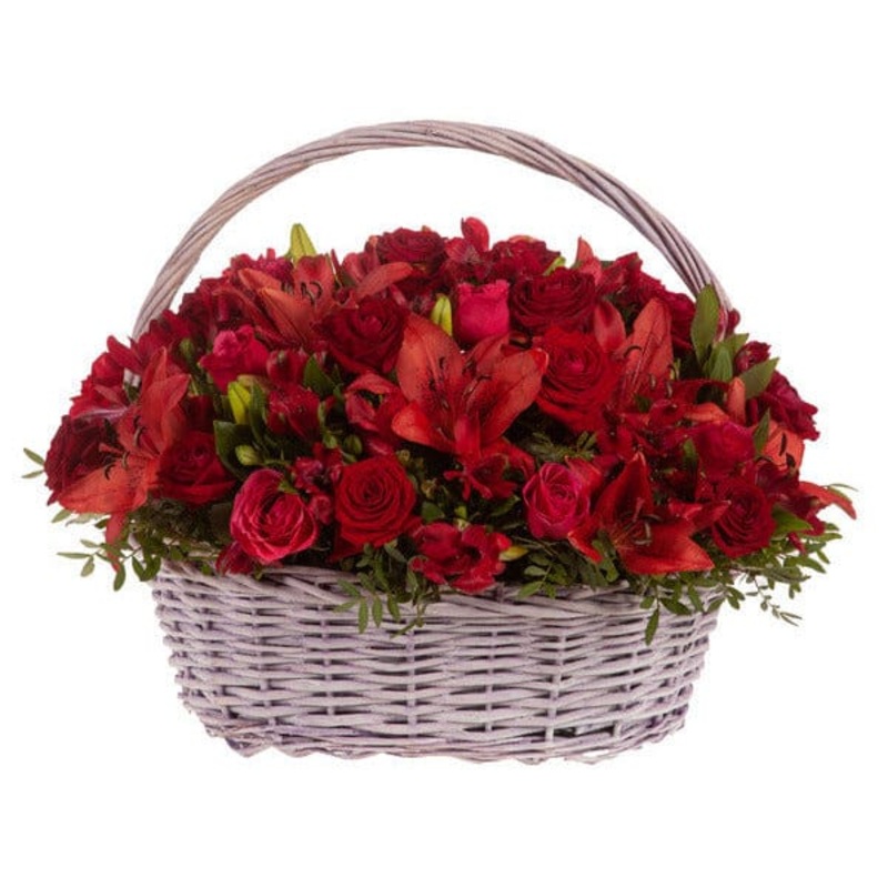 Luxury Basket of Red Blooms-Regular (25 stems) & Large (30 stems) & Extra Large (40 stems) & Luxury (50 stems) & Glamour (60 stems) & Exclusive Glamour (75 stems) & Premium (90 stems) & Premium Extra (120 stems) & Posh (160 stems) & Deluxe (180 stems)-Cre