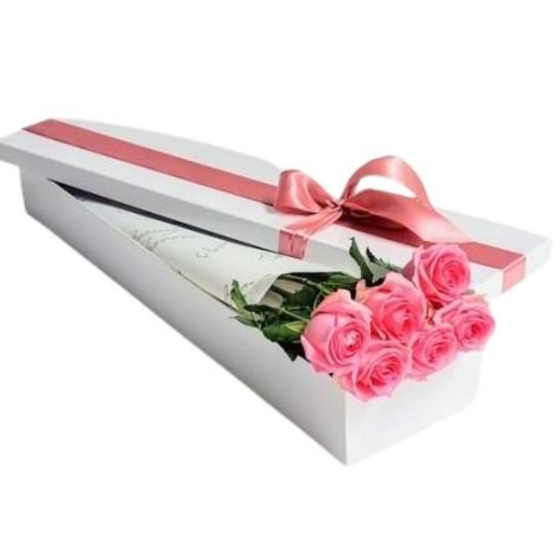 Luxury Six Roses Gift Box-Pink & Red & White & Lavender & Peach & Yellow & Cerise & Blue & Black & Rainbow-CREAM & GRAY & BLACK & RED
