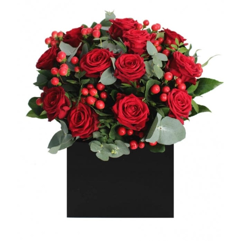 Red Roses with Hypericum Signature Box