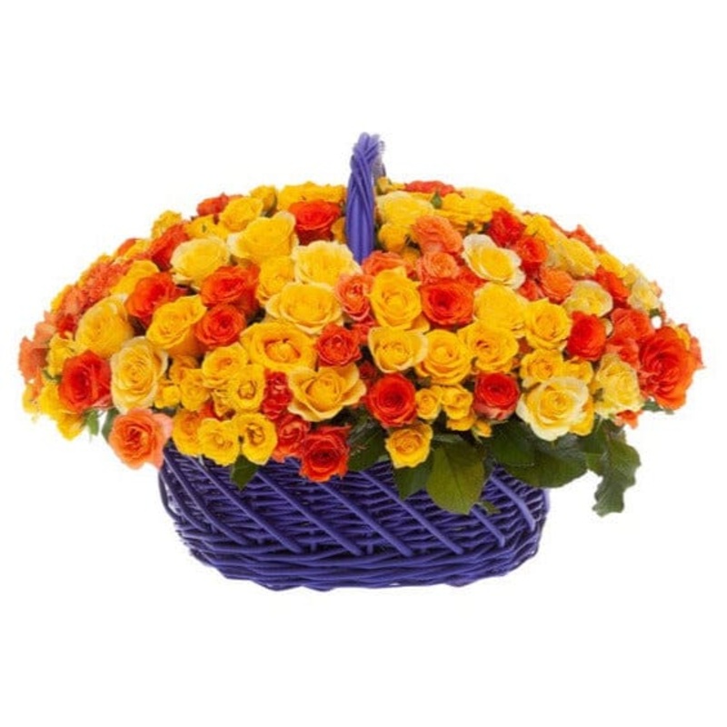 Yellow and Orange Luxury Basket of Roses and Spray Roses