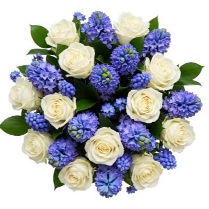 Bouquet of Roses and Hyacinth with Blue Forget Me Not