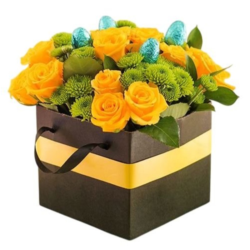 Bright Box of Yellow and Green Flowers with Chocolate Eggs