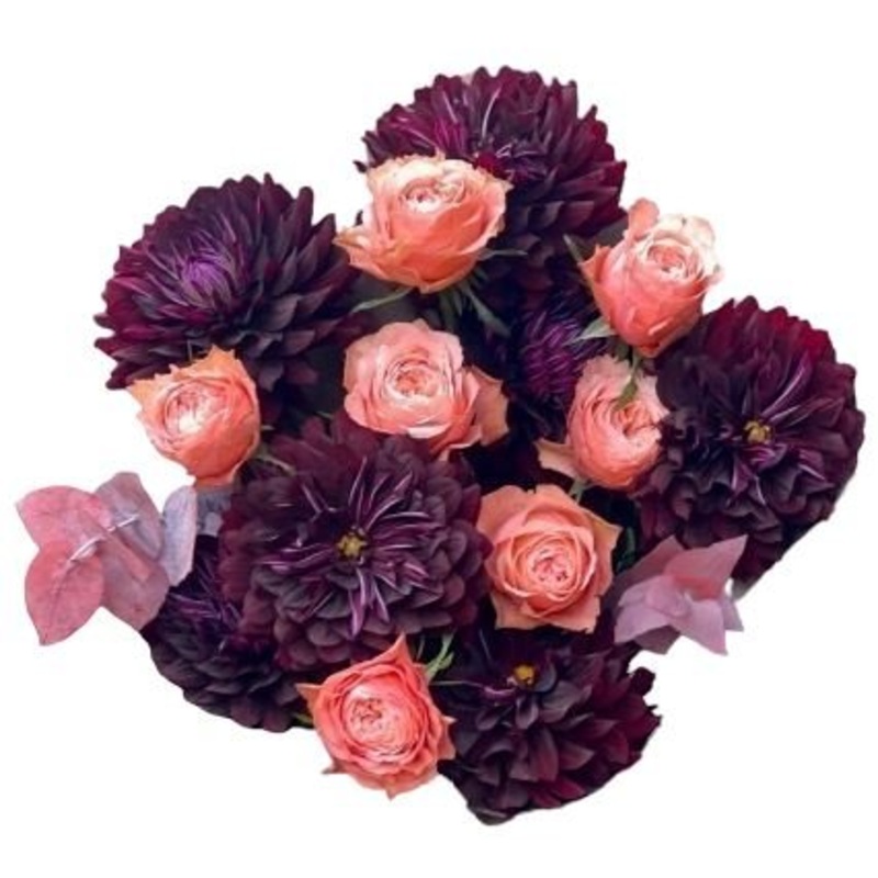Burgundy Dahlia and Peach Roses Bouquet