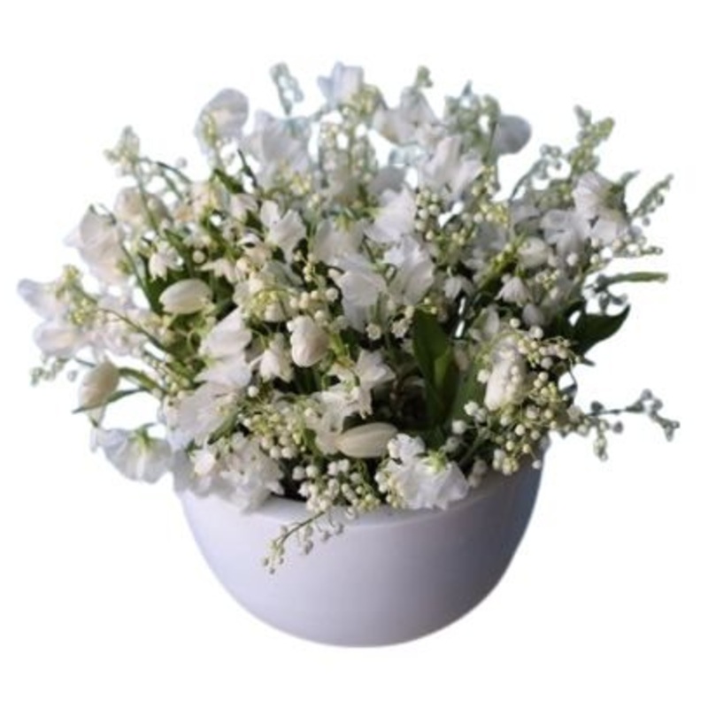 Charming Ceramic Bowl of Lily of Valley and Sweet Pea
