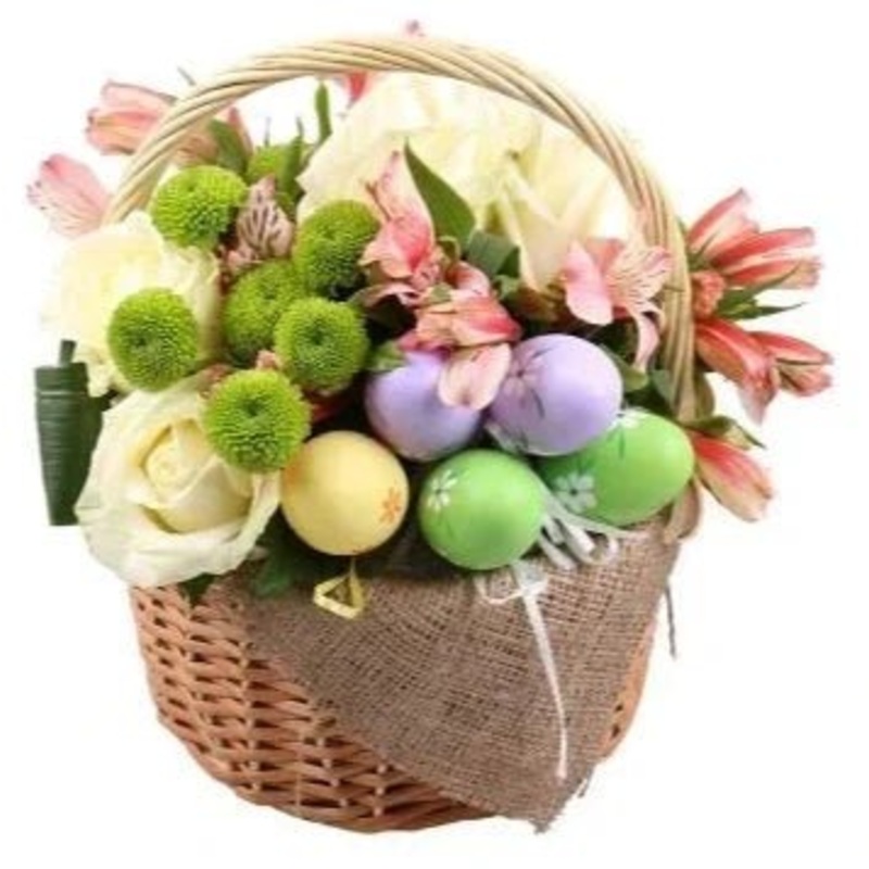 Colored Easter Basket-Small (15 stems) & Medium (20 stems) & Regular (25 stems) & Large (30 stems) & Extra Large (40 stems) & Luxury (50 stems) & Glamour (60 stems) & Exclusive Glamour (80 stems)-Natural Basket & White Basket & Pink Basket