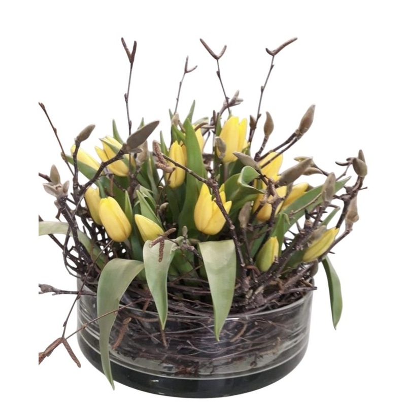 Cylinder Glass Bow of Tulips and Twigs