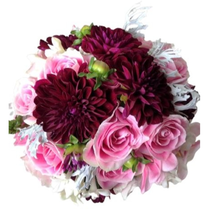 Pink Roses and Burgundy Dahlia Bouquet