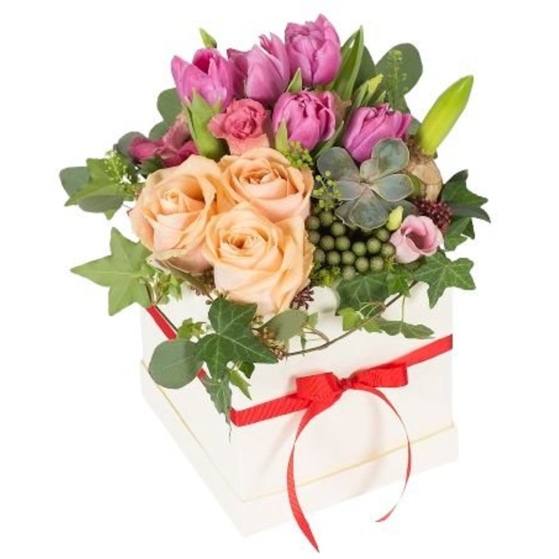 Pink Tulips with Peach Roses Signature Box