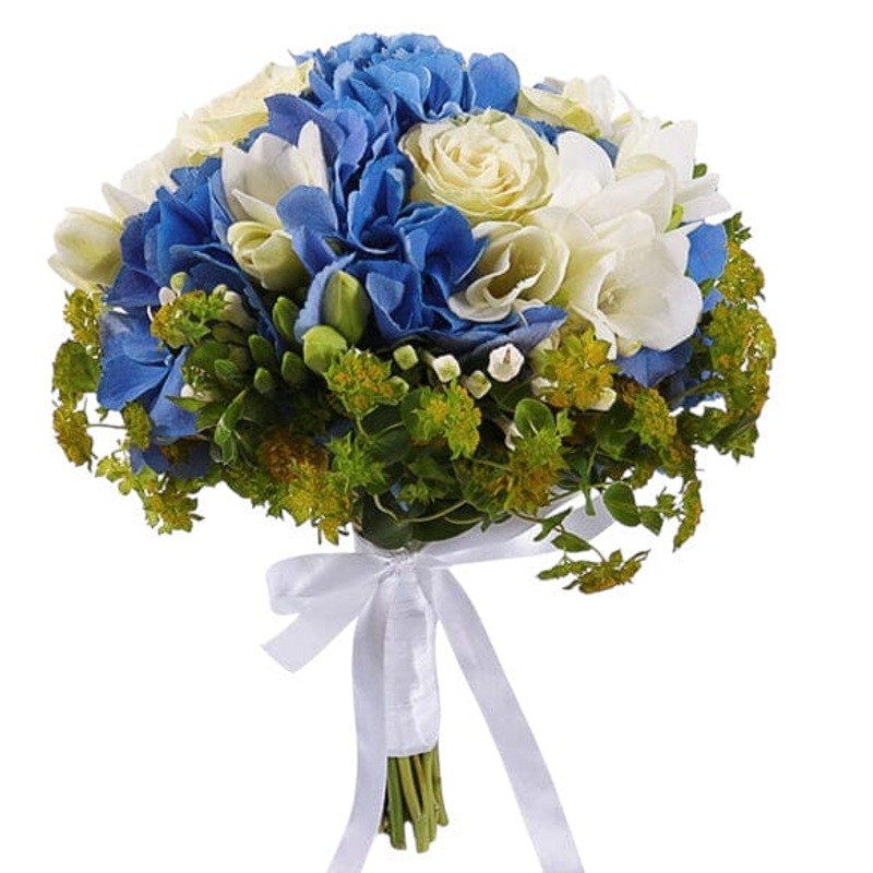 Blue Hydrangea with Roses and Feesias Bridal Bouquet