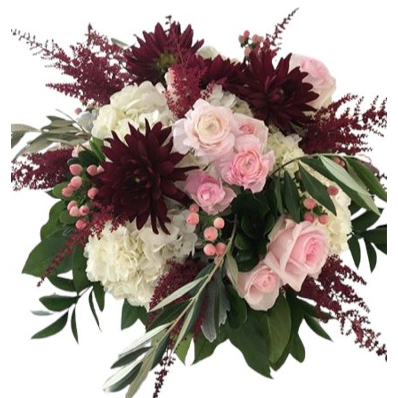 Romantic Bouquet of Burgundy Dahlia and Roses