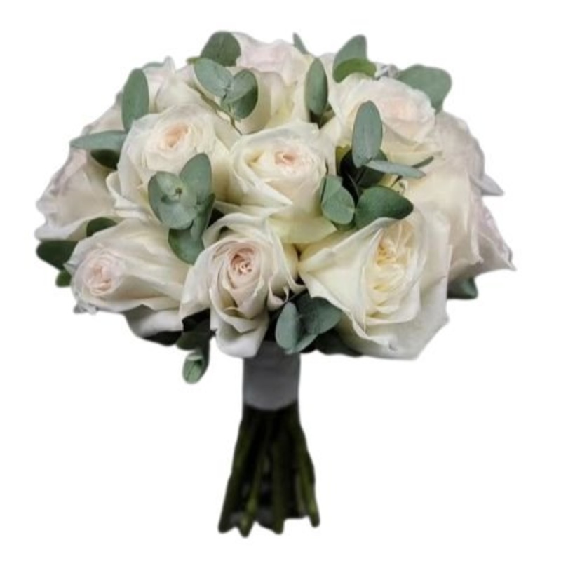 White O’Hara Garden Roses with Eucalyptus Bridal Bouquet