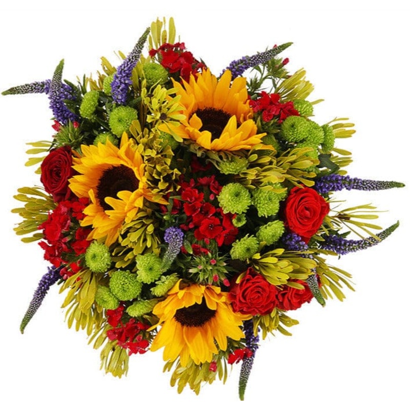A Bouquet of Sunflowers and Red Blooms