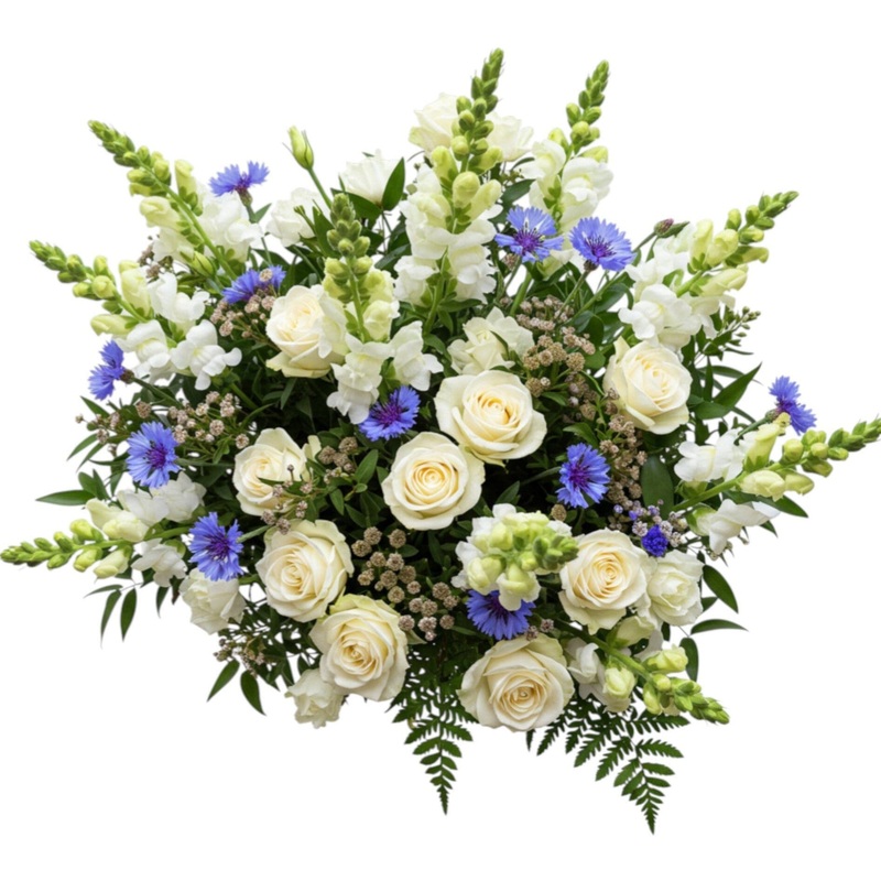 Blue and White Bouquet of Roses and Cornflowers
