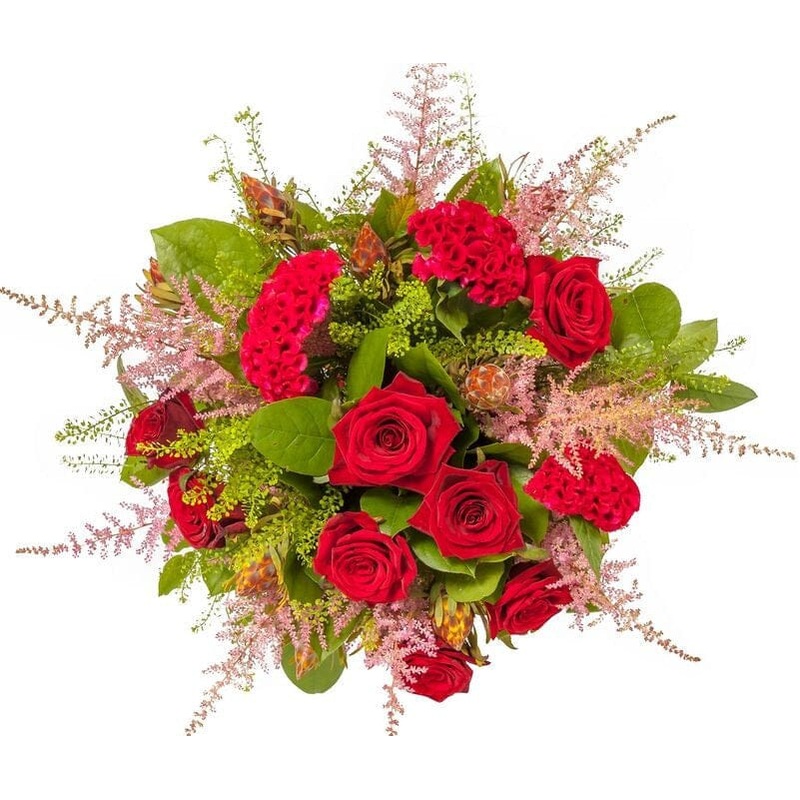 Bouquet of Red Roses with Celosia