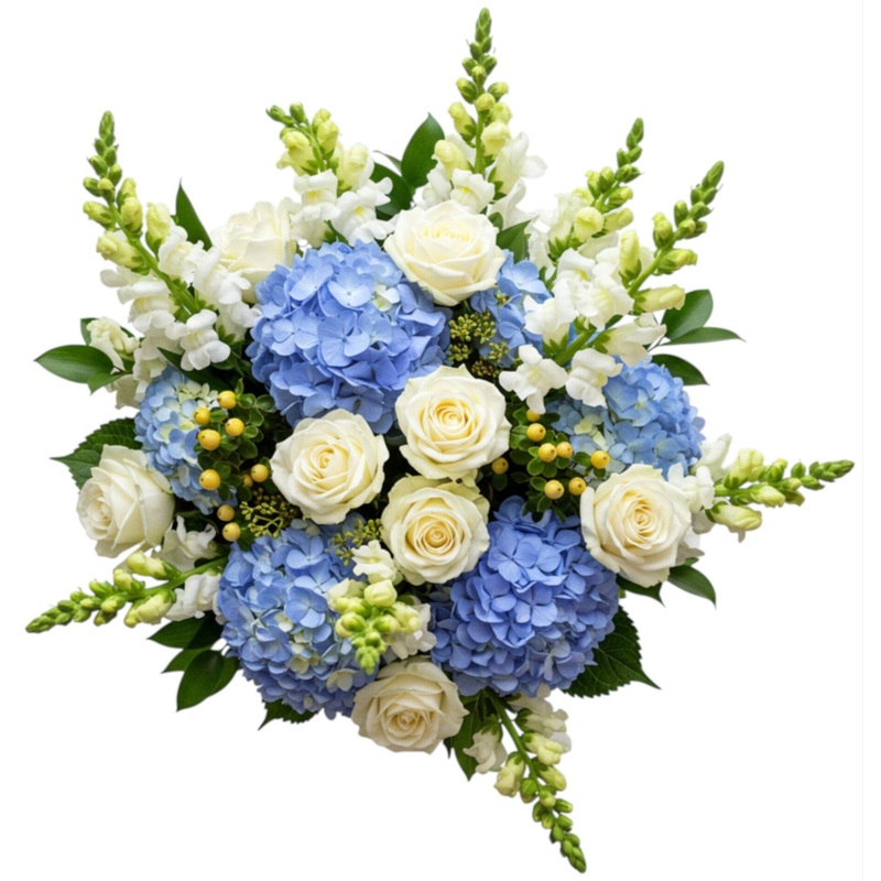 Rafined Bouquet of Blue Hydrangea with Roses and Snapdragons