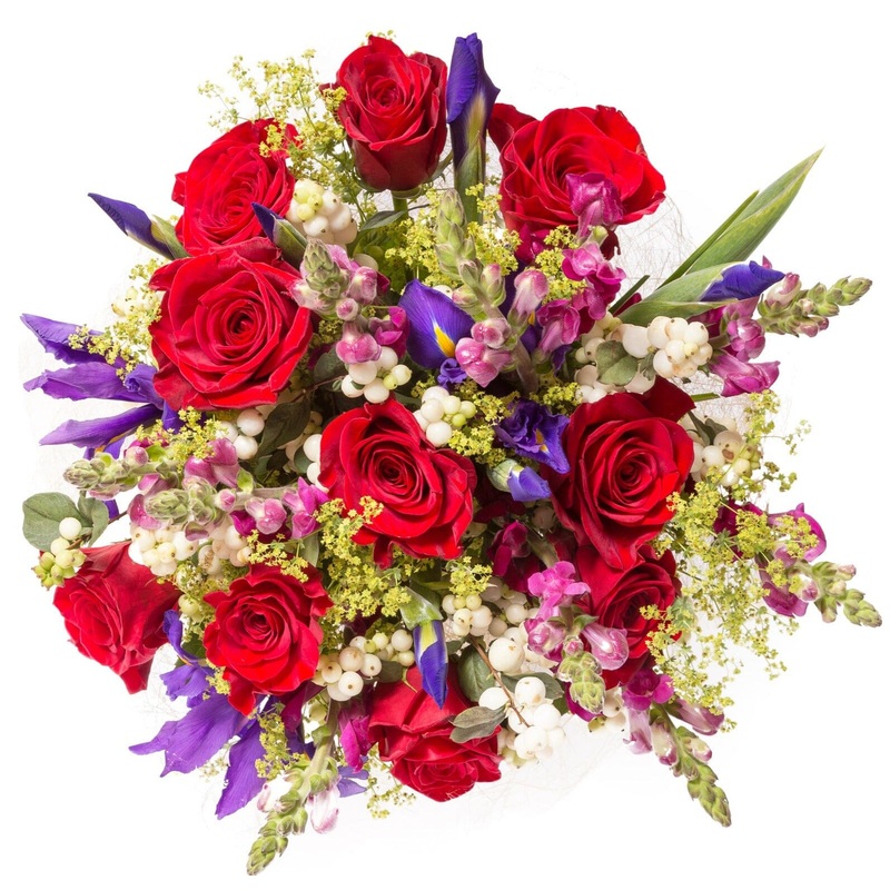 Rose & Iris Symphony Bouquet-Extra Small (20 stems) & Small (25 stems) & Medium (30 stems) & Regular (35 stems) & Large (40 stems) & Extra Large (50 stems) & Luxury (65 stems) & Glamour (80 stems) & Exclusive Glamour (100 stems)