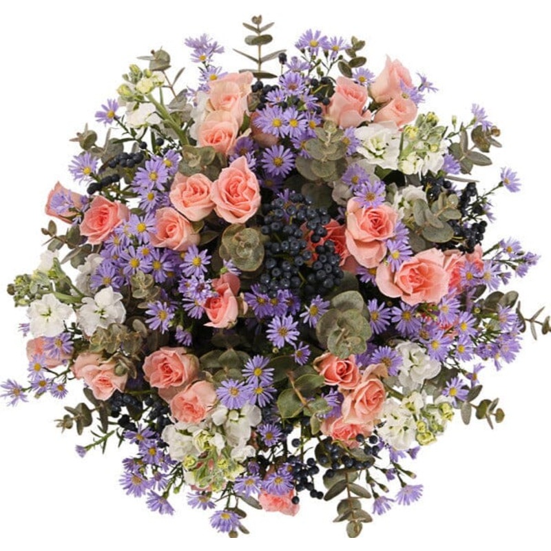 Spray Roses and Stocks Bouquet with Purple Accent