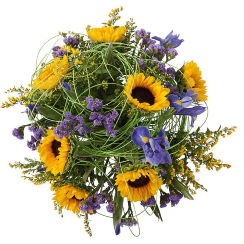Sunflowers with Iris Bouquet-Extra Small (20 stems) & Small (25 stems) & Regular (30 stems) & Large (35 stems) & Extra Large (40 stems) & Luxury (45 stems) & Glamour (50 stems) & Exclusive Glamour (60 stems) & Premium (65 stems) & Premium Extra (70 stems)