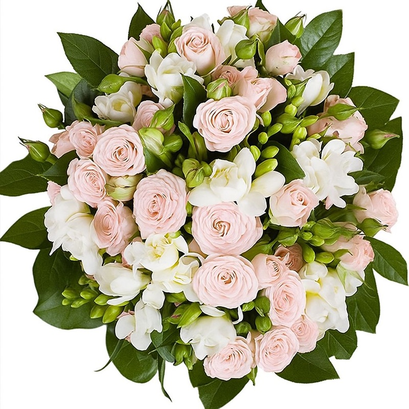 Blushing Pink Bouquet of Roses with Freesias and Alstroemeria