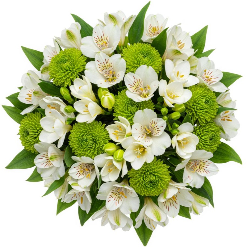 Bouquet of White Freesias and  Alstroemeria with Green Santini Chrysanthemum