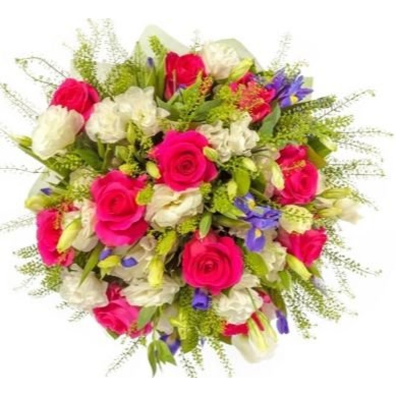 Bright Bouquet of Cerise Roses and Lisianthus and Irises