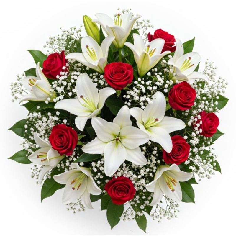 Rafined Bouquet of Red Roses  and Lily with Gypsophila