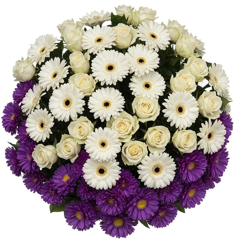 White Gerberas and Roses with Chinensis Aster Bouquet