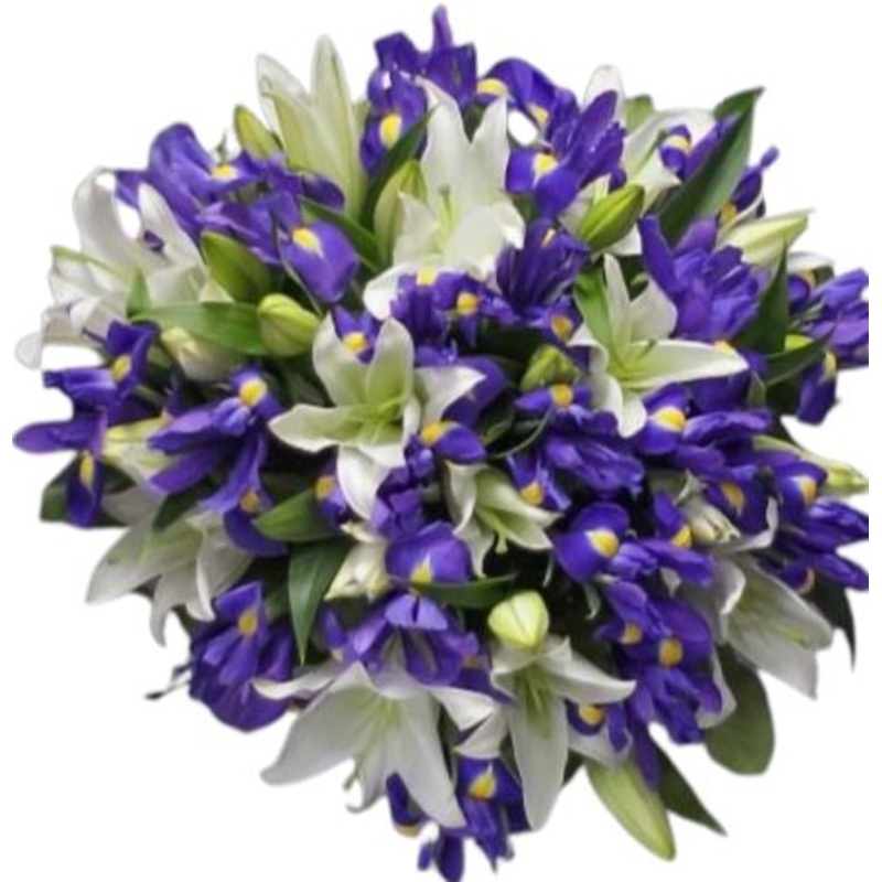 White Lily & Iris Bouquet-Extra Small (10 stems) & Small (15 stems) & Regular (20 stems) & Large (30 stems) & Extra Large (40 stems) & Luxury (50 Stems) & Glamour (65 stems) & Exclusive Glamour (85 stems) & Premium (100 stems) & Premium Extra (120 stems)