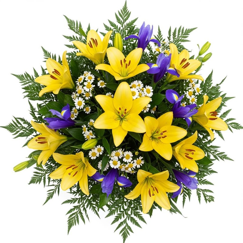 Wonderful Bouquet of Yellow Lily and Iris  and Tanacetum