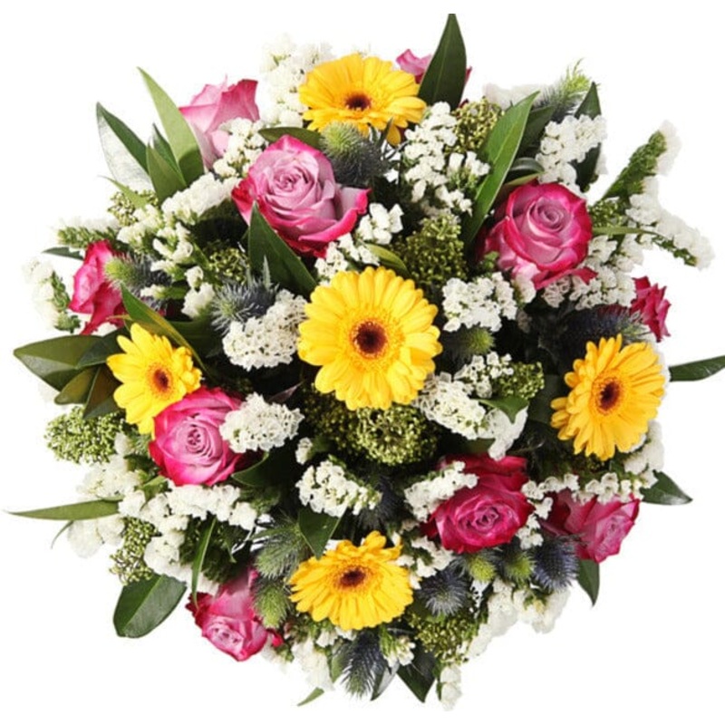 Yellow Gerberas and Deep Purple Roses Bouquet