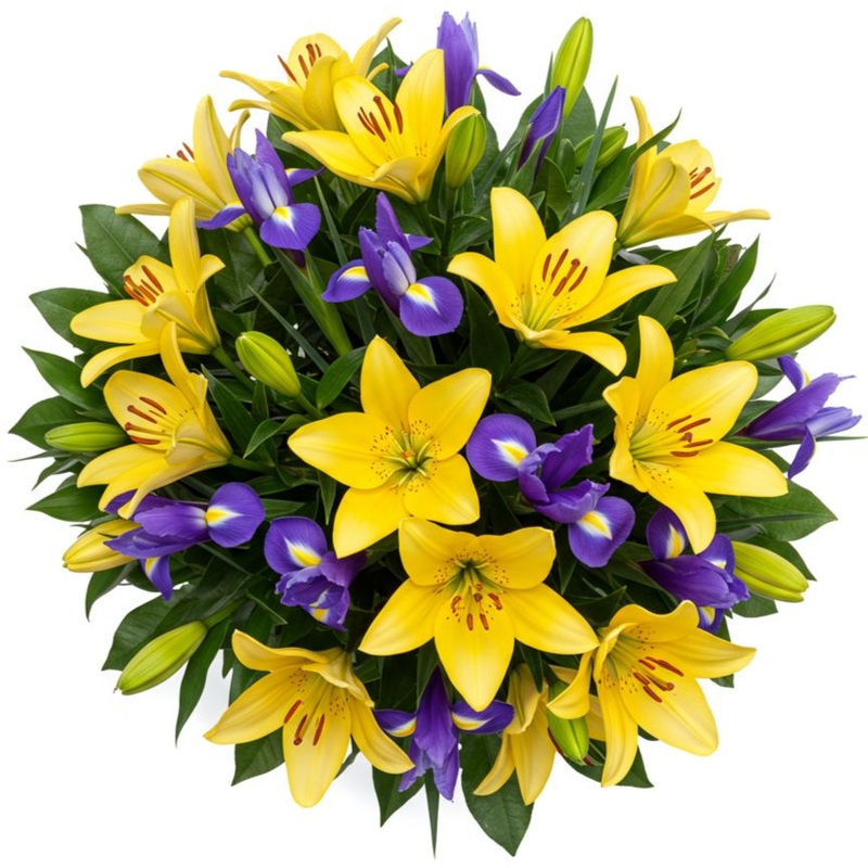 Yellow Lily and Iris Bouquet-Extra Small (15 stems) & Small (20 stems) & Regular (25 stems) & Medium (30 stems) & Large (40 stems) & Extra Large (50 stems) & Luxury (70 stems) & Glamour (85 stems) & Exclusive Glamour (100 stems) & Premium (120 stems) & Pr