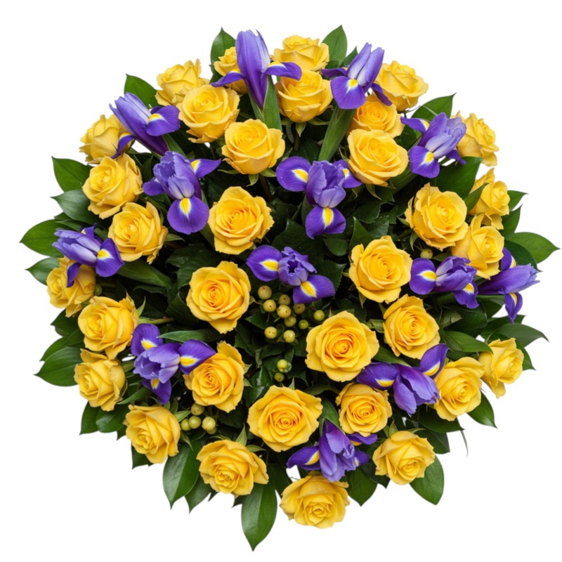 Yellow Roses with Iris Bouquet with Greenery