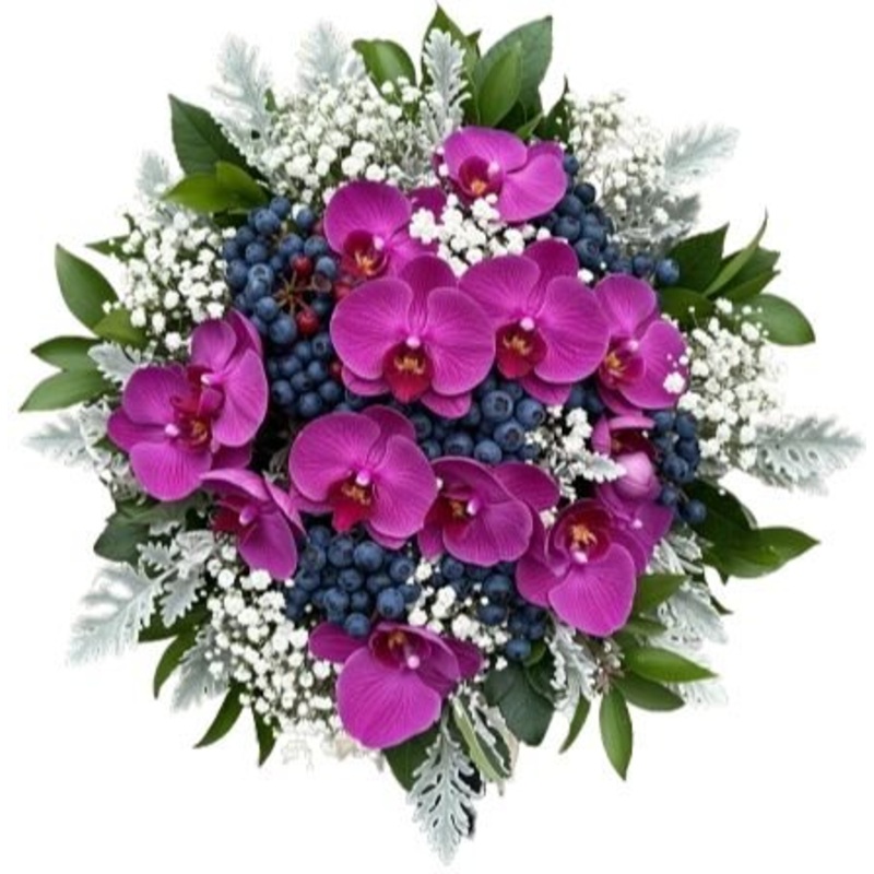 Charming Bouquet of Phalaenopsis Orchids with Gypsophila and Berries