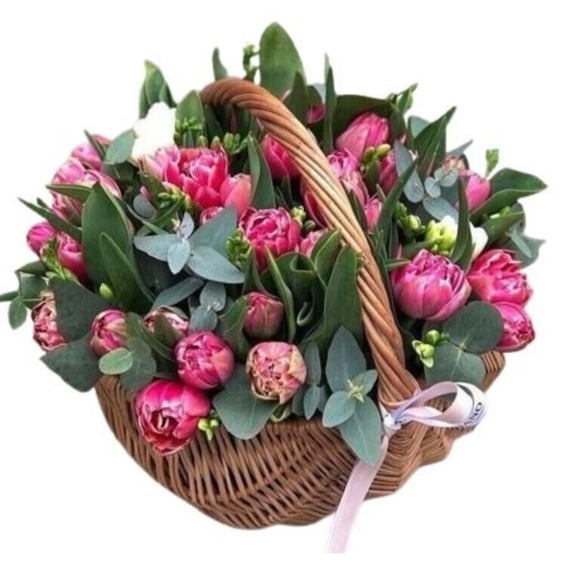Basket of Double Tulips and Fragrant Freesias
