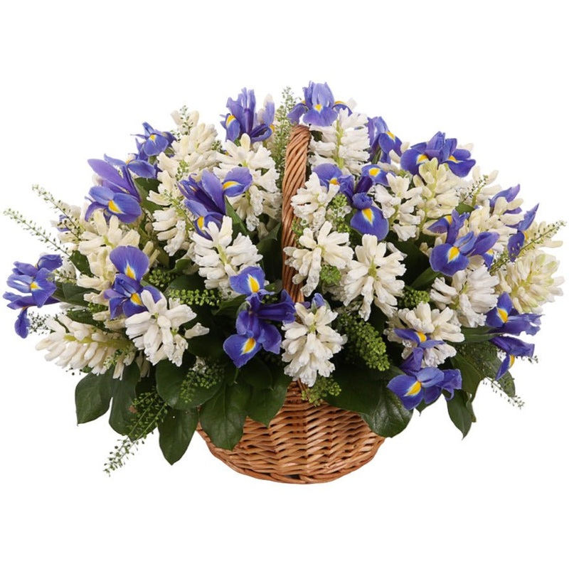 Basket of White Hyacinth and Blue Irises