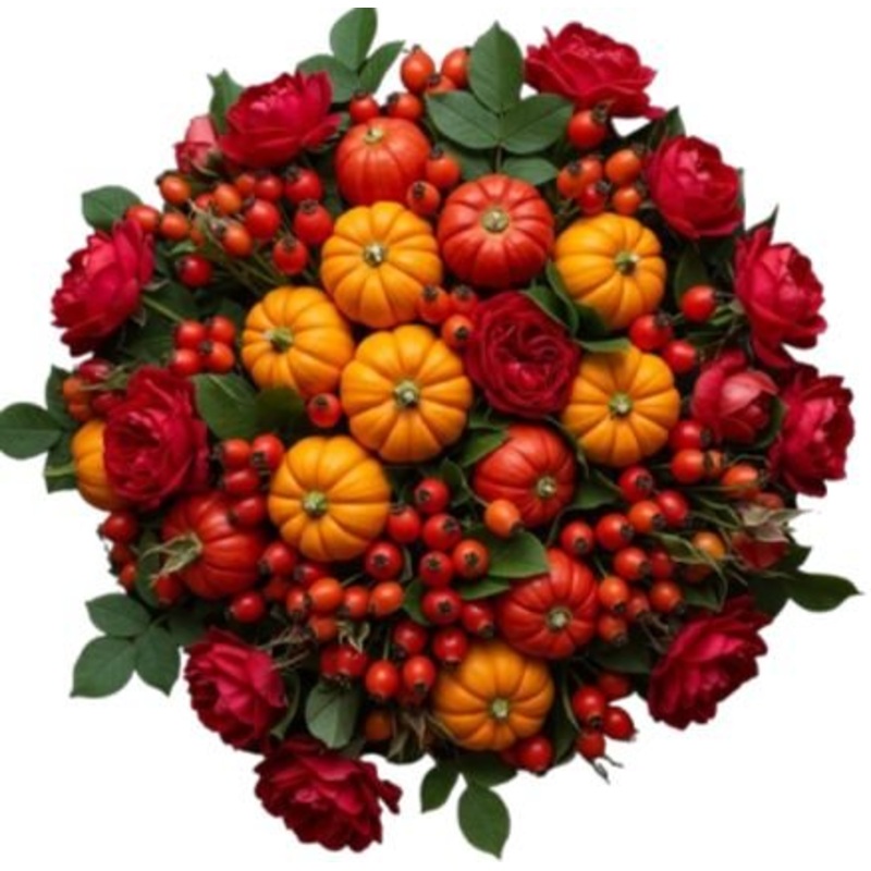 Bouquet of Spray Roses with Rose Hips and Mini Pumpkin