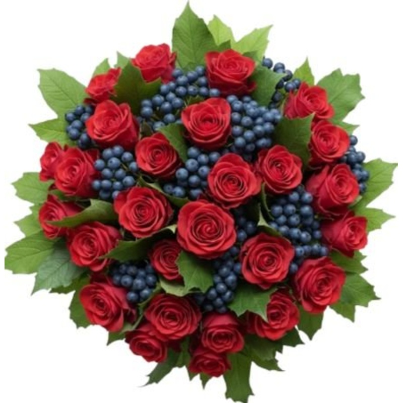 Charming Bouquet of Red Roses and Blueberries