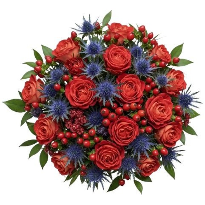 Coral Symphony with Blue Bouquet