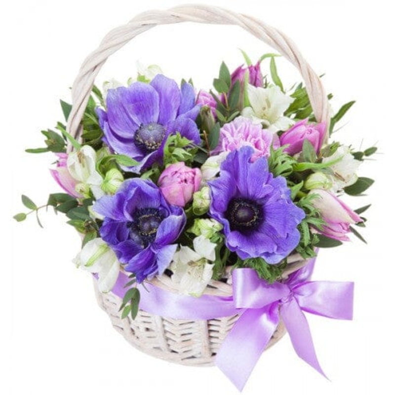 Cute Basket of Anemone and Tulips