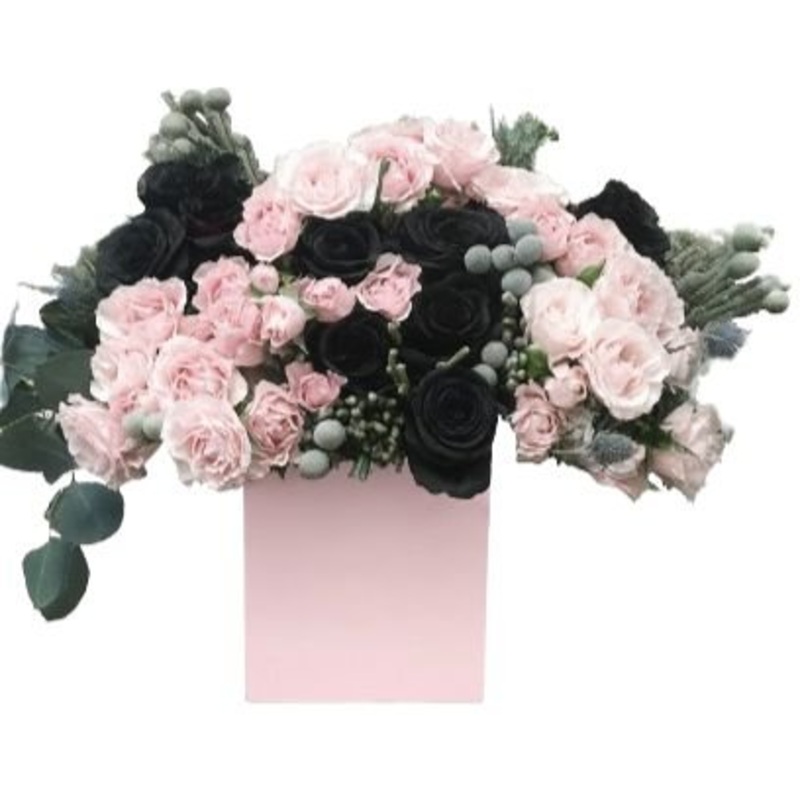 Gorgeous Box of Black Roses and Pink Spray Roses