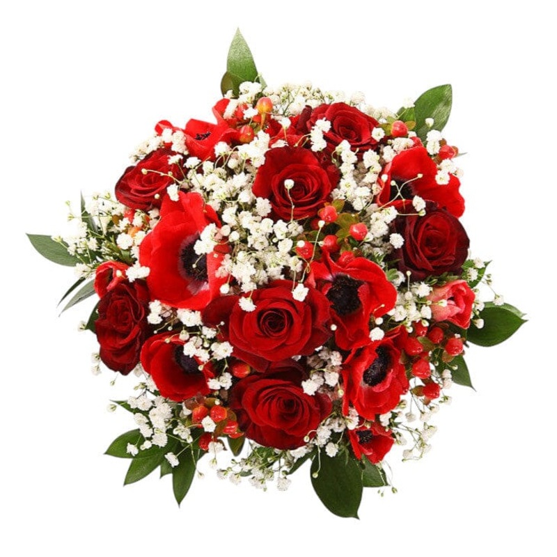 Red Anemone and Roses with Gypsophilia Bouquet