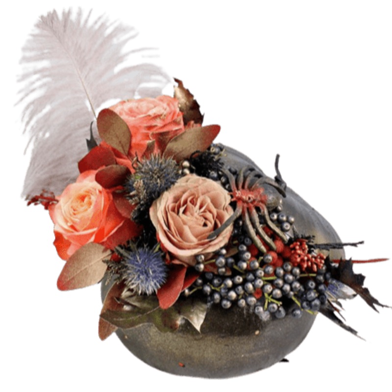 Rustic Black Pumpkin of Peach Roses and Feather